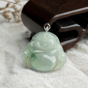 18K糯冰种飘花翡翠弥勒佛吊坠