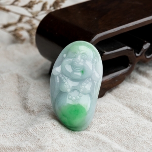 糯冰种飘翠翡翠弥勒佛吊坠