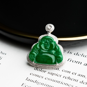 18K糯种翠绿翡翠弥勒佛吊坠