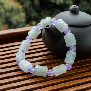 糯冰种翡翠六字真言单圈手串