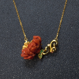 18K柿子红南红牡丹花项链