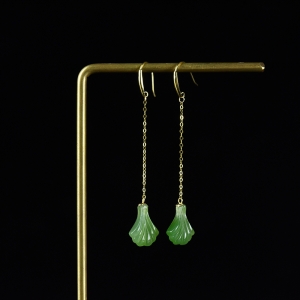 18K山料和田碧玉银杏叶耳坠