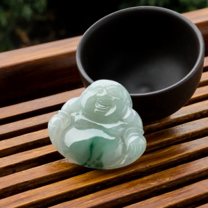 糯冰种飘花翡翠弥勒佛吊坠