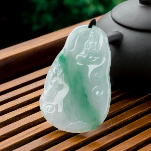 糯冰种飘翠翡翠童子拜观音吊坠