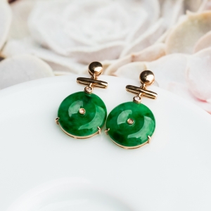 18K花青种翡翠平安扣耳坠