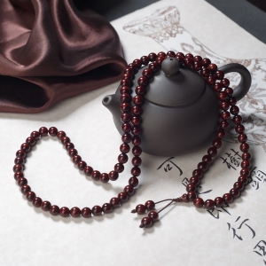 7mm满星鸡血红小叶紫檀108佛珠