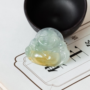 糯冰种飘黄翡翡翠弥勒佛吊坠