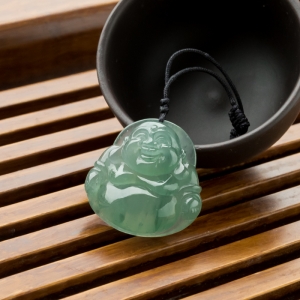 糯冰种飘花翡翠弥勒佛吊坠