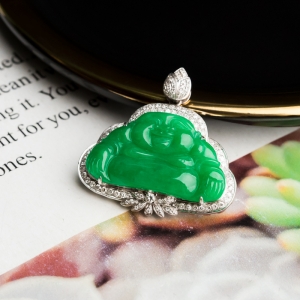 18K糯种翠绿翡翠弥勒佛吊坠