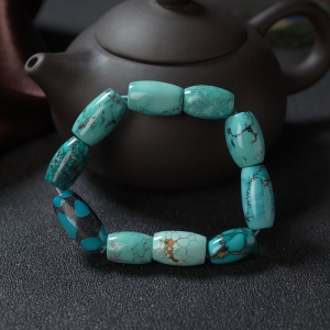 高瓷铁线蓝绿绿松石桶珠单圈手串