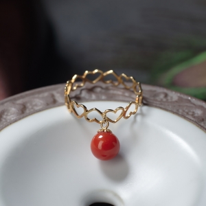 18K沙丁珊瑚圆珠戒指