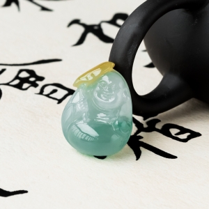 糯冰种黄加绿翡翠弥勒佛吊坠