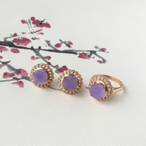 18K糯冰种紫罗兰翡翠耳钉/戒指套装