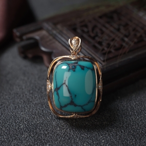 18K高瓷铁线蓝绿松石方形吊坠