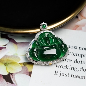 18K糯冰种深绿翡翠弥勒佛吊坠