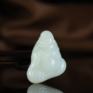 山流水料和田羊脂白玉弥勒佛吊坠