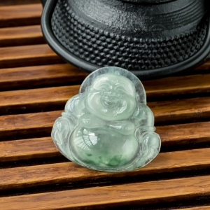 冰种飘花翡翠弥勒佛吊坠