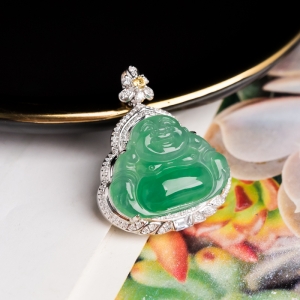 18K糯冰种翠绿翡翠弥勒佛吊坠