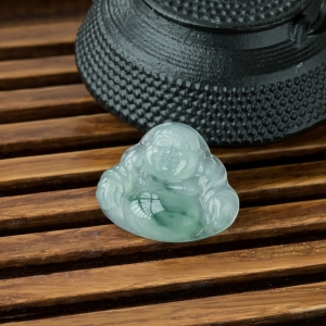 糯冰种飘花翡翠弥勒佛吊坠