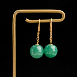 18K糯种豆绿翡翠圆珠耳坠