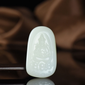 山流水料和田羊脂白玉观音吊坠