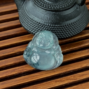 冰种飘花翡翠弥勒佛吊坠