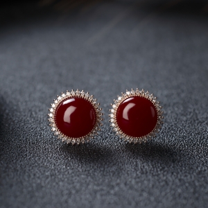 18K阿卡牛血红珊瑚圆形耳钉