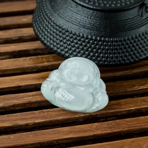 糯冰种飘花翡翠弥勒佛吊坠