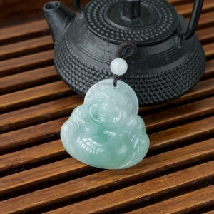 糯冰种飘翠翡翠弥勒佛吊坠