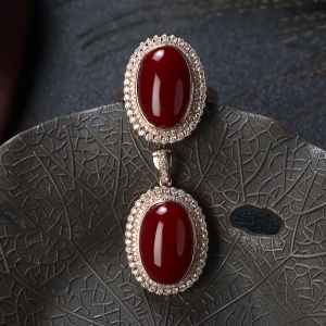 18K阿卡牛血红珊瑚戒指/吊坠套装