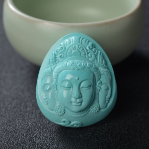 高瓷蓝绿松石三面佛吊坠