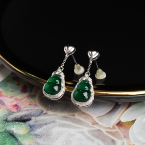 18K冰种深绿翡翠葫芦耳坠
