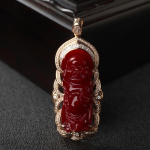 18K阿卡牛血红珊瑚弥勒佛吊坠