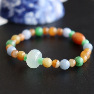 糯冰种三彩翡翠圆珠手链