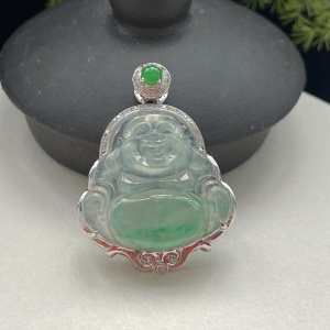 18K冰种飘绿花翡翠弥勒佛吊坠