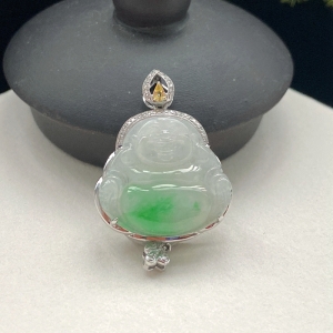 18K糯冰种带色翡翠弥勒佛吊坠