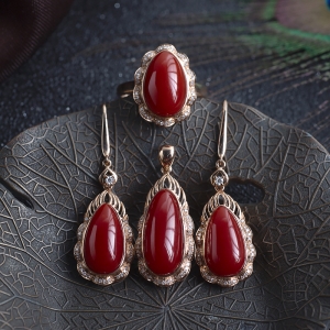 18K阿卡牛血红珊瑚水滴套装