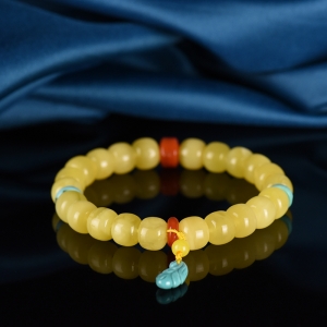 鸡油黄蜜蜡老形珠单圈手串