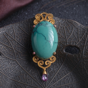 18K高瓷铁线蓝绿绿松石吊坠