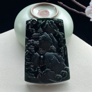 糯冰种墨翠山水吊坠