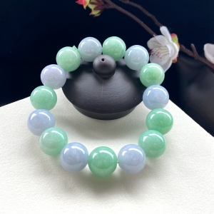 14mm糯种春带彩翡翠单圈手串