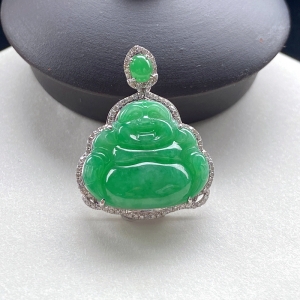 18K糯种豆绿翡翠弥勒佛吊坠