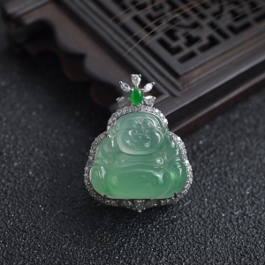 18K糯冰种浅绿翡翠弥勒佛吊坠