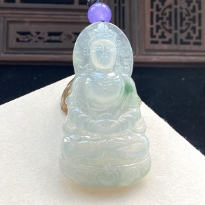 冰种飘花翡翠度母吊坠