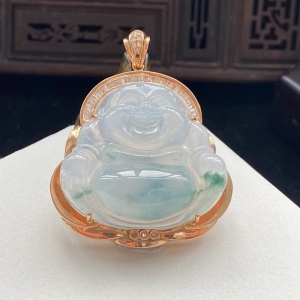 18K冰种飘花翡翠弥勒佛吊坠