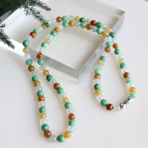 糯冰种三彩翡翠圆珠项链