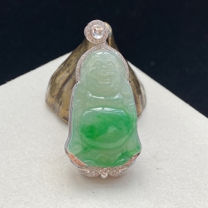 18K糯冰种翠绿翡翠弥勒佛吊坠