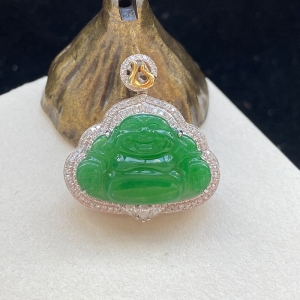 18K糯种翠绿翡翠弥勒佛吊坠