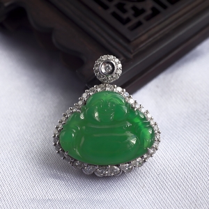 18K糯冰种翠绿翡翠弥勒佛吊坠
