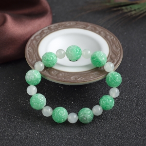 11mm糯种豆绿翡翠回纹珠单圈手串